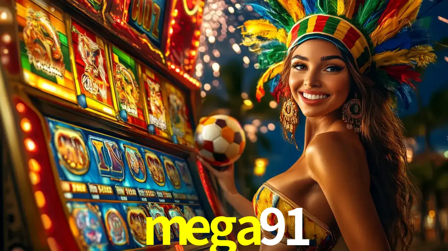 Mulher com um cocar de carnaval ao lado de uma máquina de caça-níqueis enquanto segura uma bola de futebol, mostrando a união da diversão de cassino e esportes no mega91.