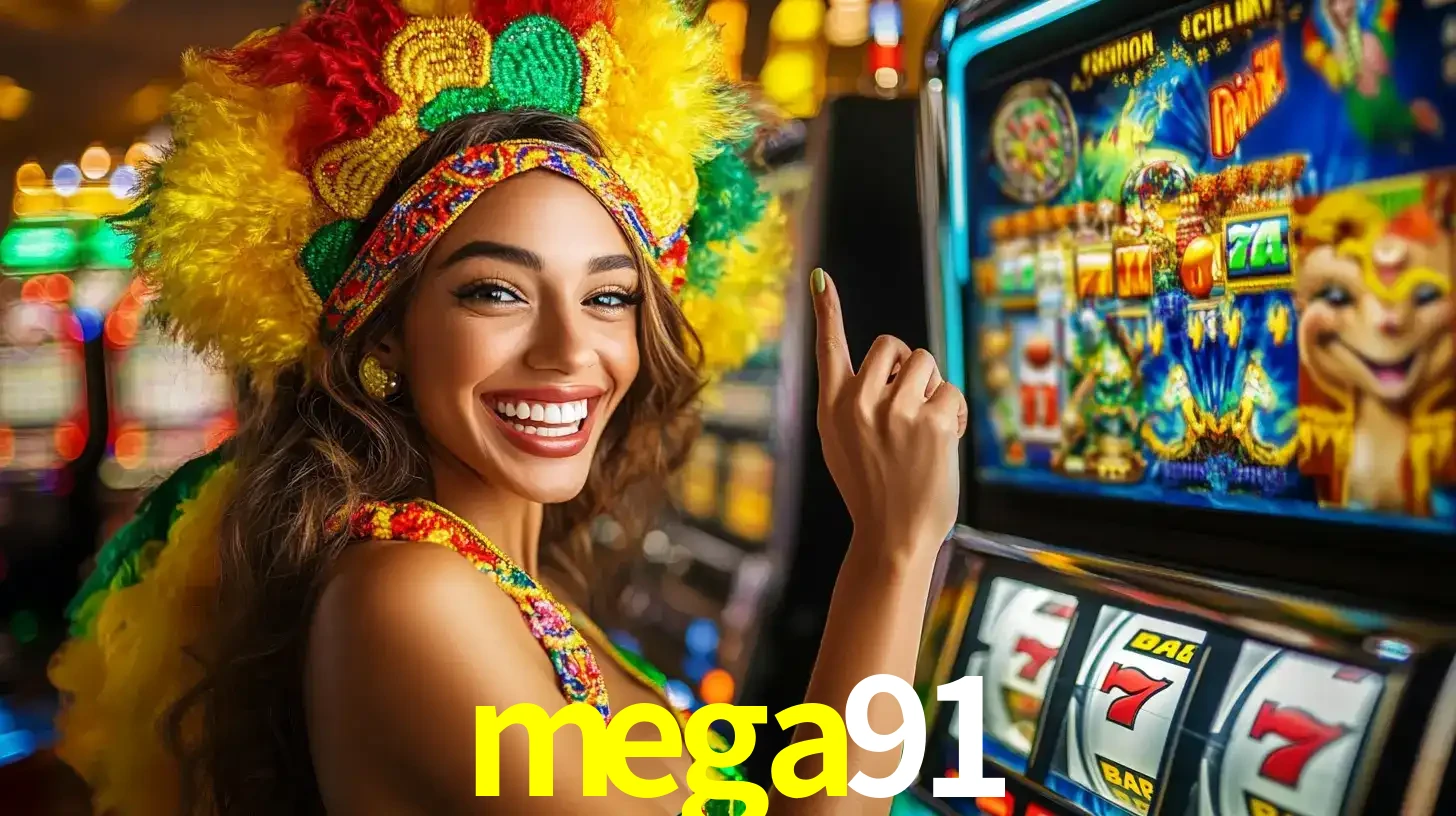 Mulher animada com um cocar de carnaval apontando para uma máquina de caça-níqueis, mostrando a emoção de ganhar um grande prêmio nos jogos do mega91.