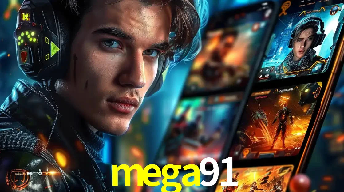 Jovem jogador com fones de ouvido olhando para a câmera, com um aplicativo de jogos e e-sports para celular ao fundo, pronto para a competição e apostas no mega91.