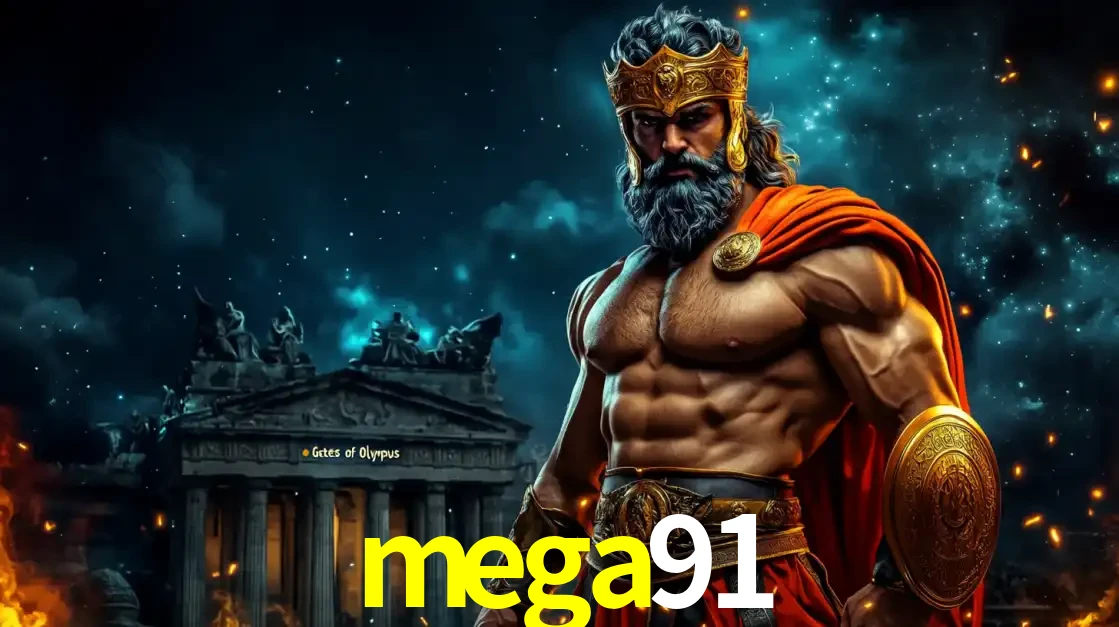 O poderoso Zeus do jogo de slot Gates of Olympus em frente ao seu templo, pronto para lançar multiplicadores divinos e prêmios épicos no cassino online mega91.