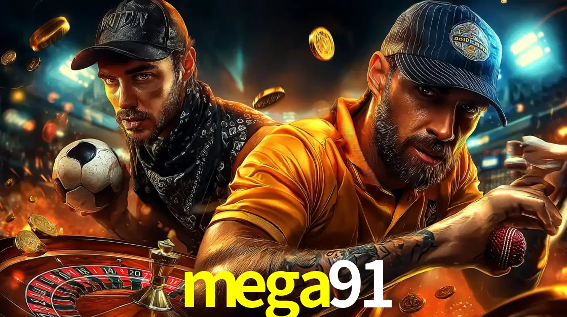 Montagem de apostas esportivas e cassino no mega91, com um homem segurando uma bola de futebol e outro uma de beisebol sobre uma roleta e moedas voadoras.