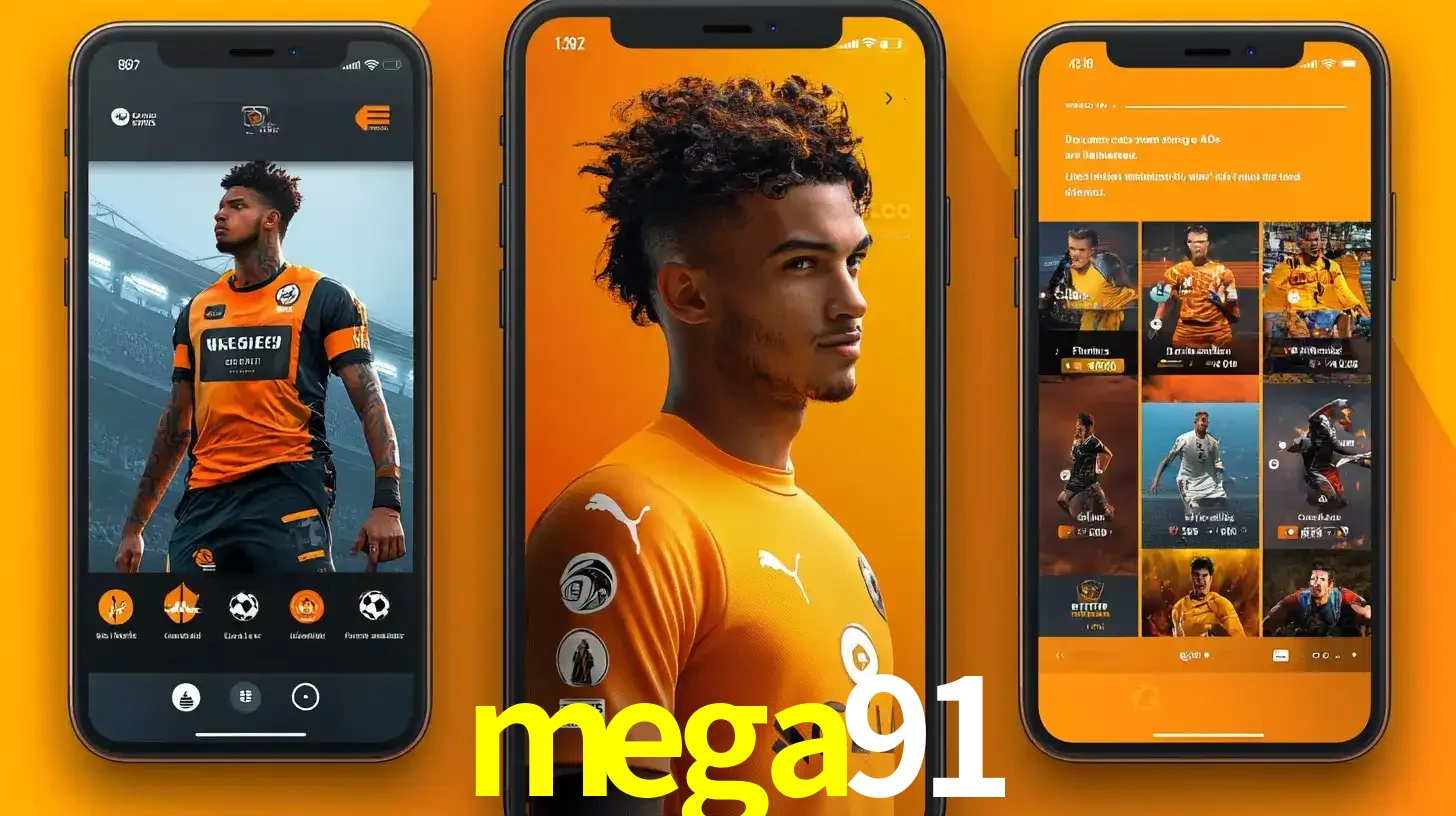 Interface do aplicativo de apostas esportivas mega91 em três telas de celular, mostrando o perfil de um jogador de futebol e a lista de jogos disponíveis para apostar.