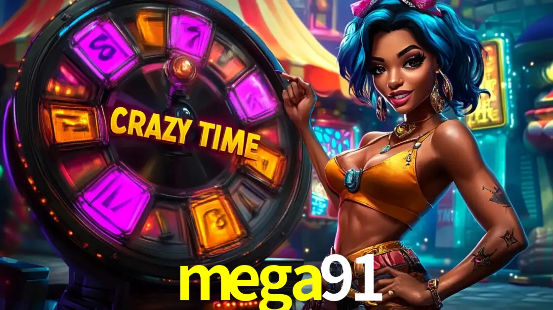 Mulher estilizada com cabelo azul e visual vibrante posando ao lado da roda de prêmios do game show Crazy Time, convidando para a diversão e os bônus do cassino mega91.