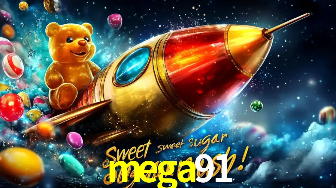 Arte promocional do jogo de slot Sugar Rush, com um urso de pelúcia em um foguete viajando pelo espaço de doces, um dos jogos divertidos disponíveis no cassino mega91.