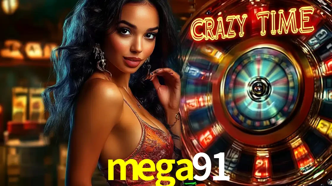 Mulher elegante ao lado da vibrante roda da fortuna do jogo de cassino ao vivo Crazy Time, um dos game shows mais populares e cheios de prêmios do mega91.