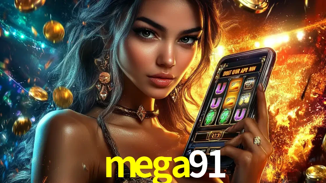 Mulher elegante mostrando um jogo de caça-níqueis em seu smartphone, destacando a experiência de cassino móvel oferecida pelo aplicativo mega91.