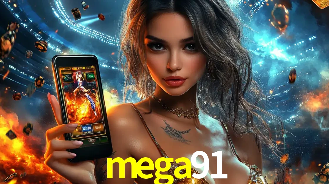 Mulher segurando um celular com um jogo de slot em destaque, tendo como fundo um estádio vibrante, simbolizando a emoção de jogar no cassino móvel mega91.