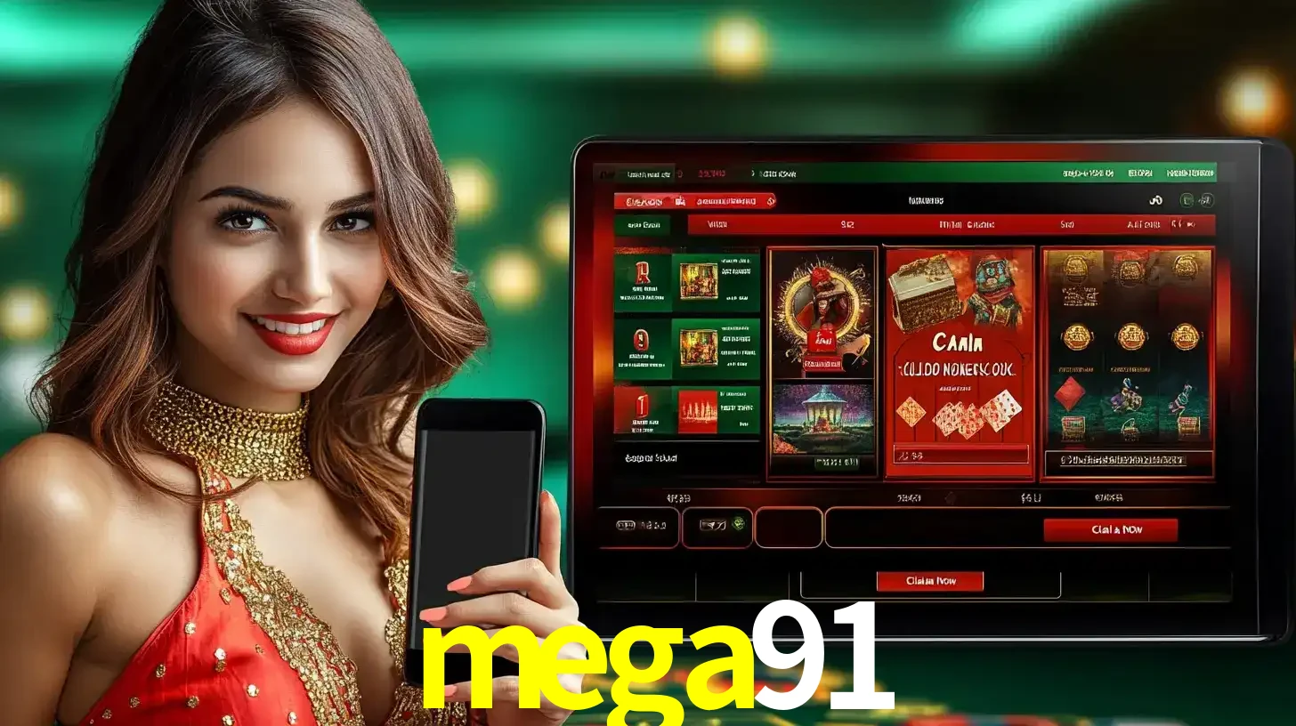 Mulher sorridente segurando um smartphone, ao lado de uma tela exibindo o lobby de jogos do cassino online mega91, com várias opções de jogos de cartas e slots.